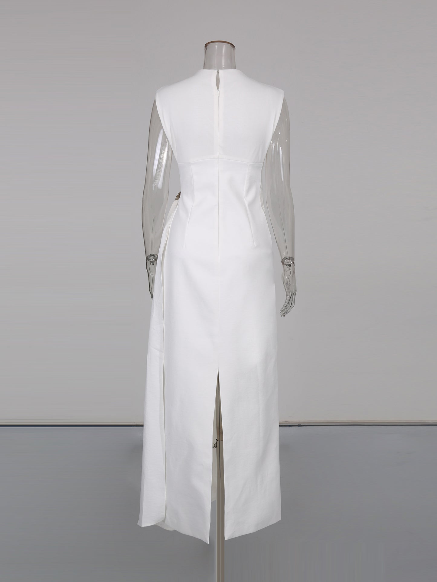 Beige Sleeveless Midi Dress with Metal-Accent Drape