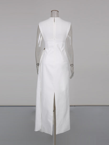 Beige Sleeveless Midi Dress with Metal-Accent Drape