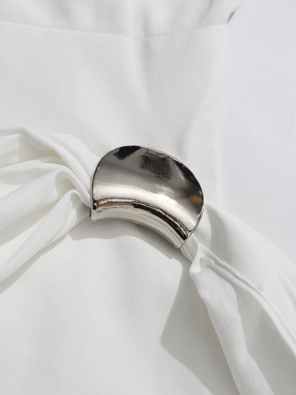 Beige Sleeveless Midi Dress with Metal-Accent Drape