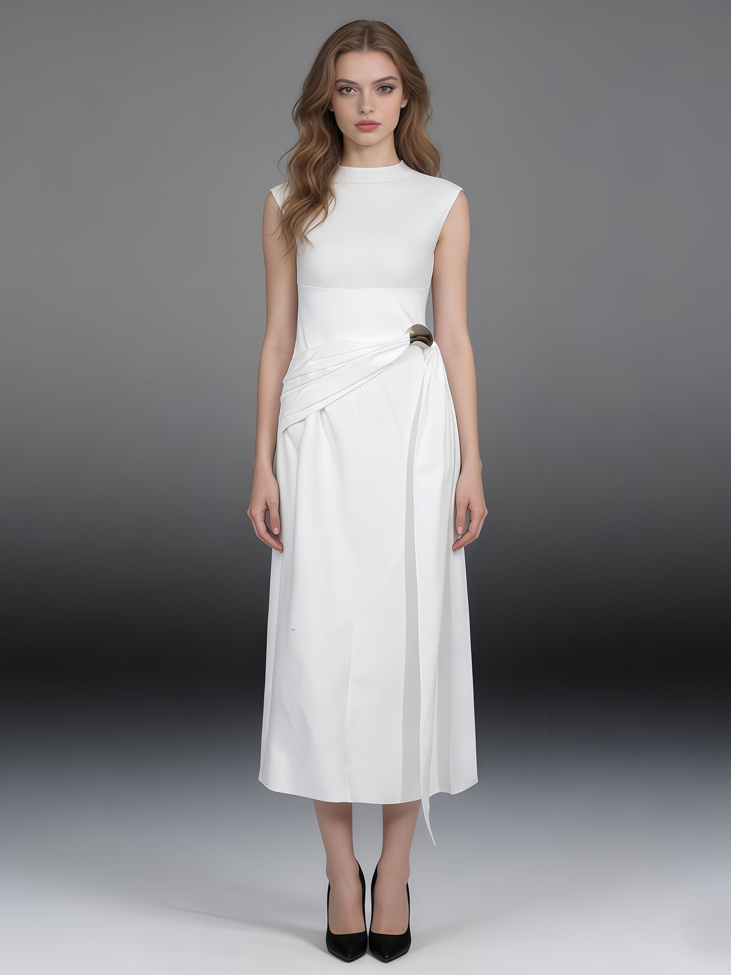 Beige Sleeveless Midi Dress with Metal-Accent Drape