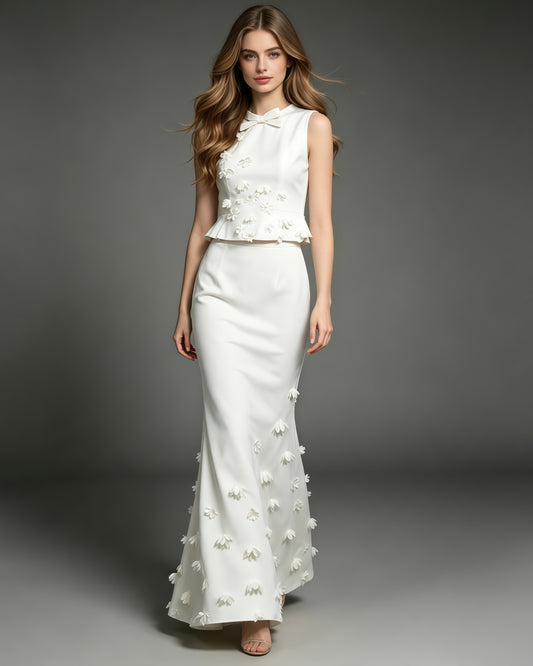 White Sleeveless Top Maxi Skirt Spliced Floral Set