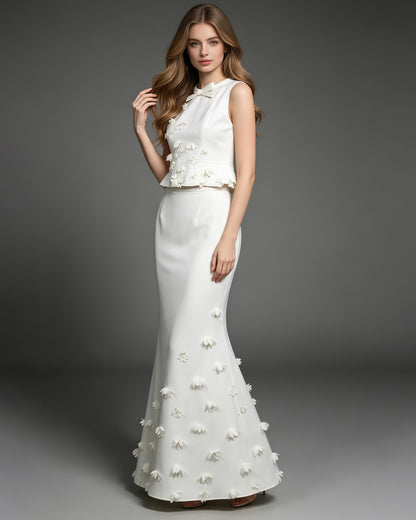 White Sleeveless Top Maxi Skirt Spliced Floral Set
