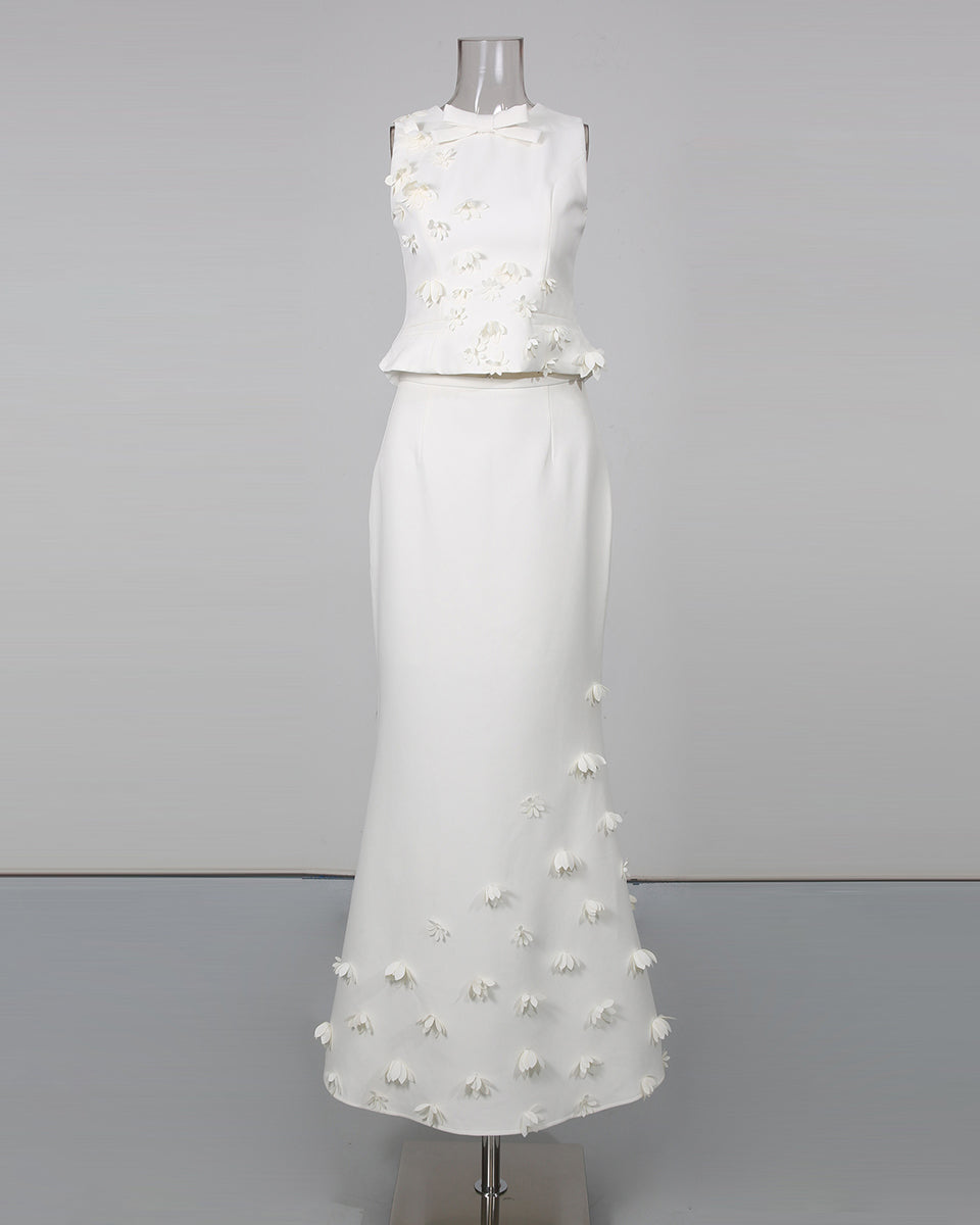 White Sleeveless Top Maxi Skirt Spliced Floral Set