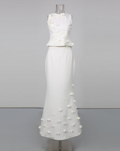 White Sleeveless Top Maxi Skirt Spliced Floral Set