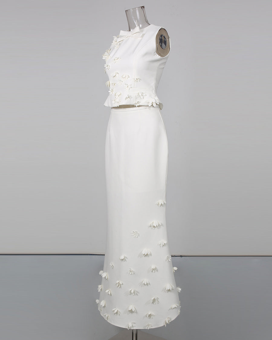 White Sleeveless Top Maxi Skirt Spliced Floral Set