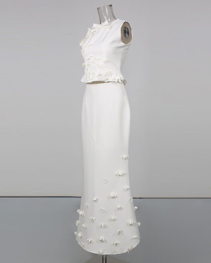 White Sleeveless Top Maxi Skirt Spliced Floral Set