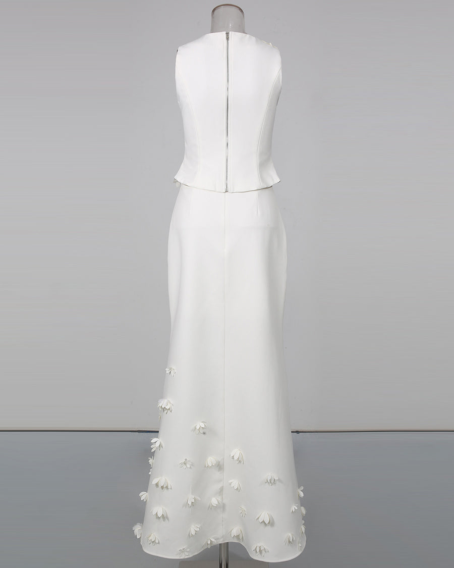 White Sleeveless Top Maxi Skirt Spliced Floral Set