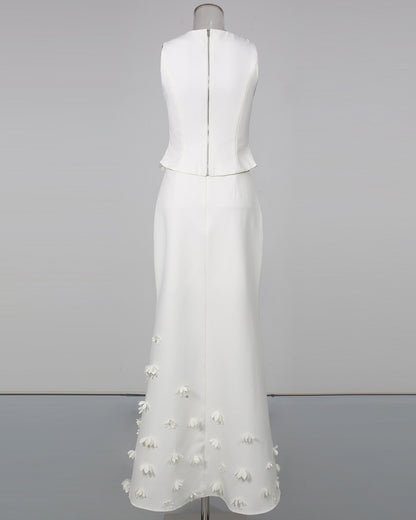 White Sleeveless Top Maxi Skirt Spliced Floral Set