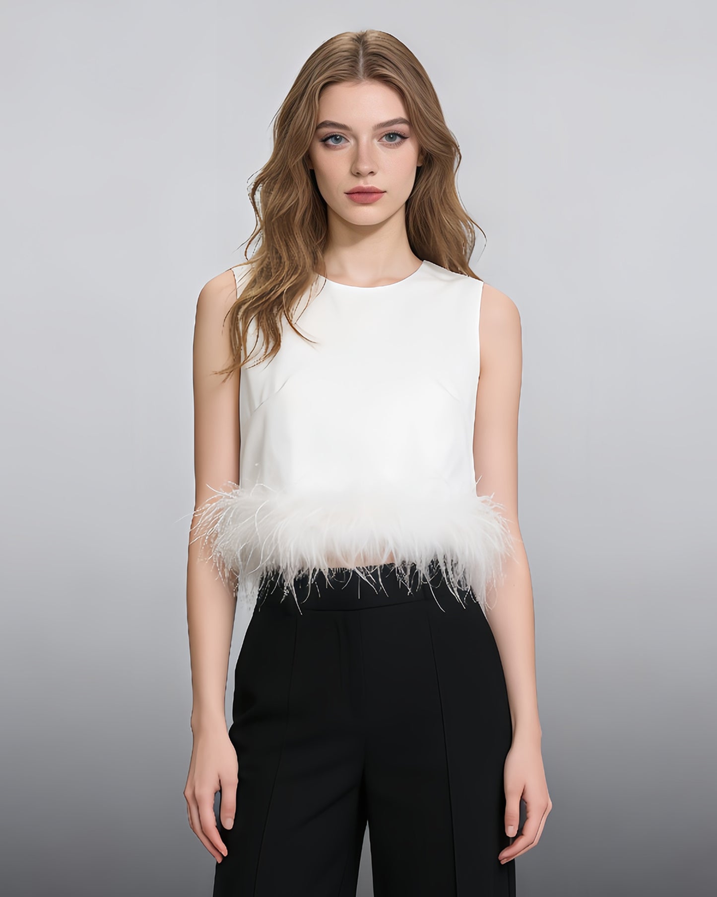 White Sleeveless Top with Feather Hem