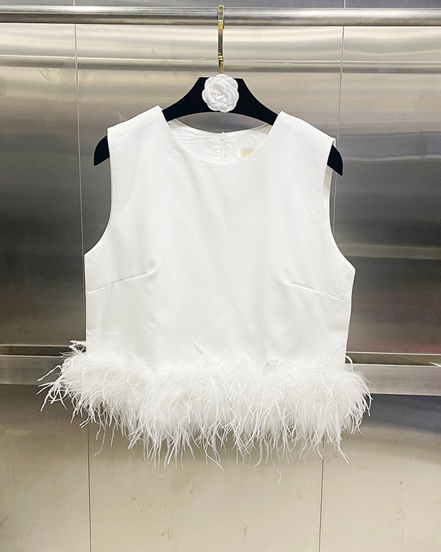 White Sleeveless Top with Feather Hem