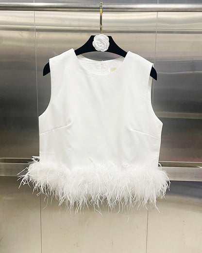 White Sleeveless Top with Feather Hem