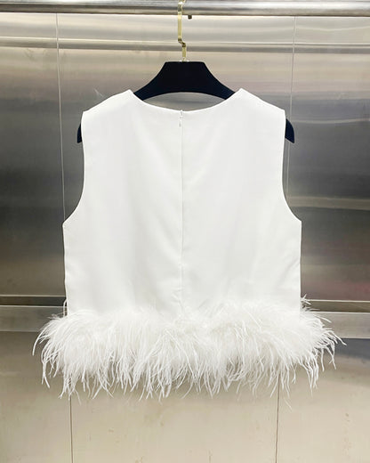 White Sleeveless Top with Feather Hem