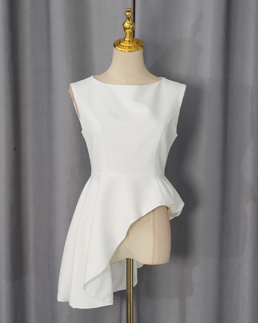 White Sleeveless Waist Asymmetric Top