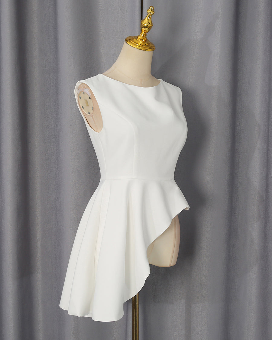 White Sleeveless Waist Asymmetric Top