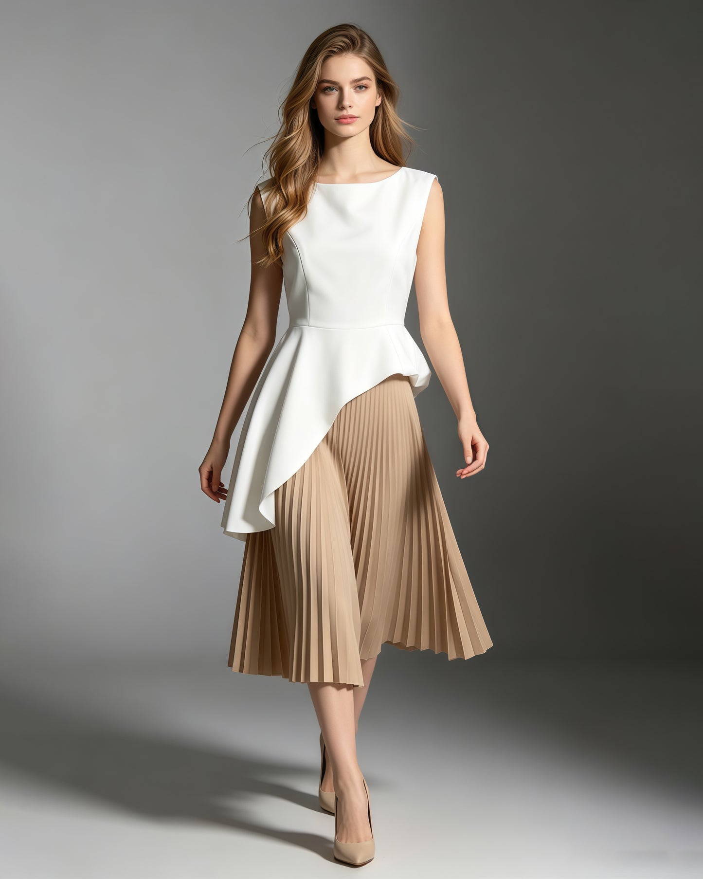 White Sleeveless Waist Asymmetric Top