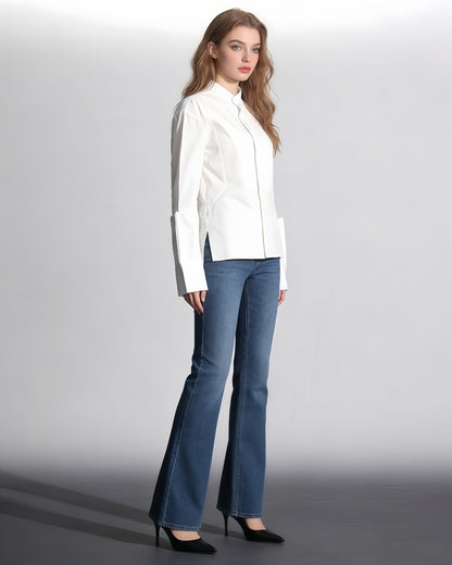 White Stand-Collar Shirt with Split Sleeves