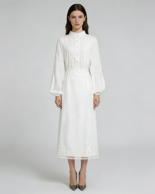 White Stand Collar Lace Tassel 2-Piece Set