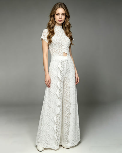 White Stand Collar Lace Top Wide Leg Pants Set