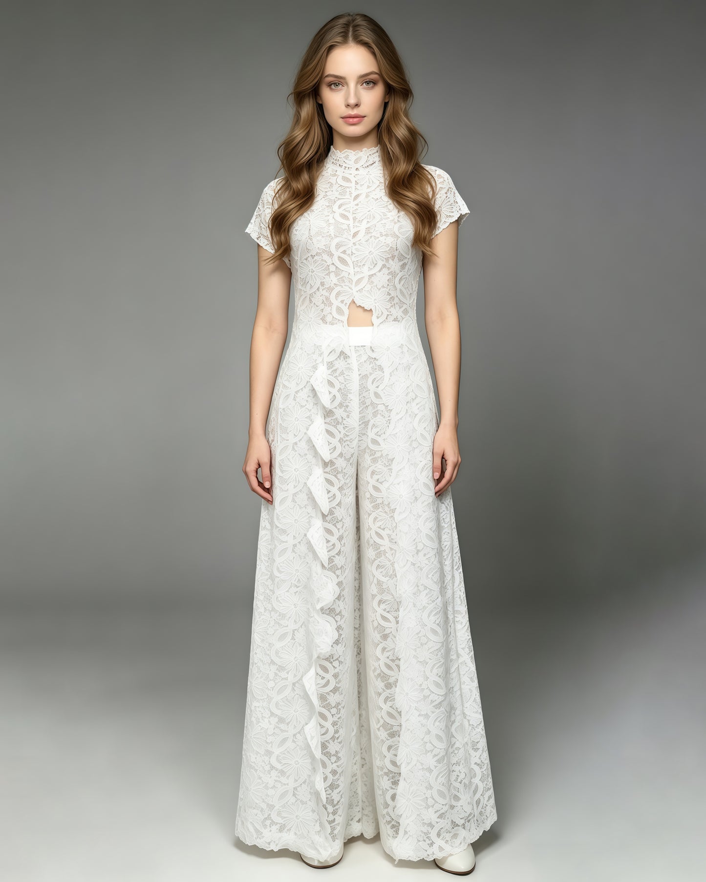White Stand Collar Lace Top Wide Leg Pants Set