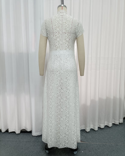 White Stand Collar Lace Top Wide Leg Pants Set