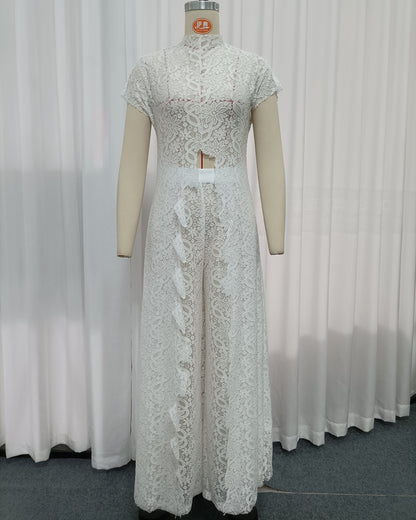 White Stand Collar Lace Top Wide Leg Pants Set
