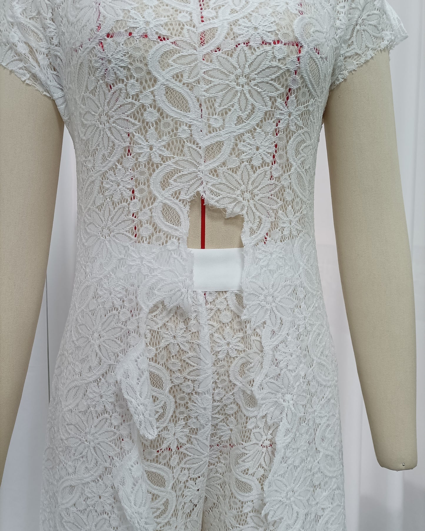 White Stand Collar Lace Top Wide Leg Pants Set