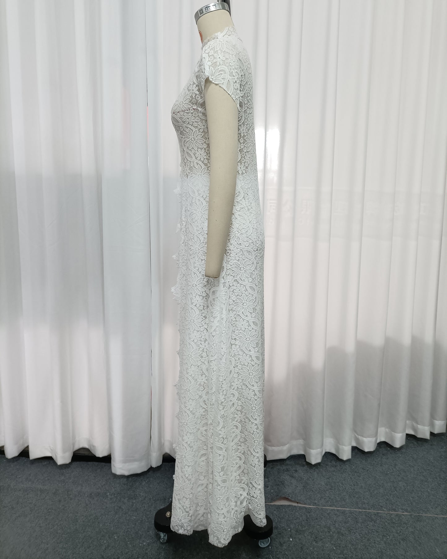 White Stand Collar Lace Top Wide Leg Pants Set