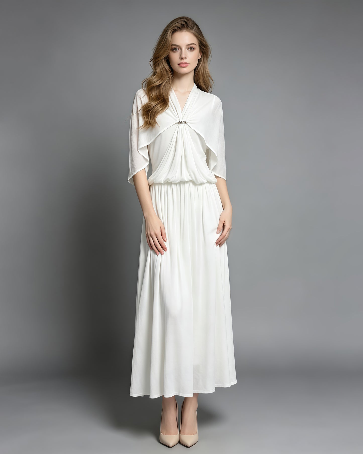White Stand Collar Metal Buckle Ruched Tunic Maxi Dress