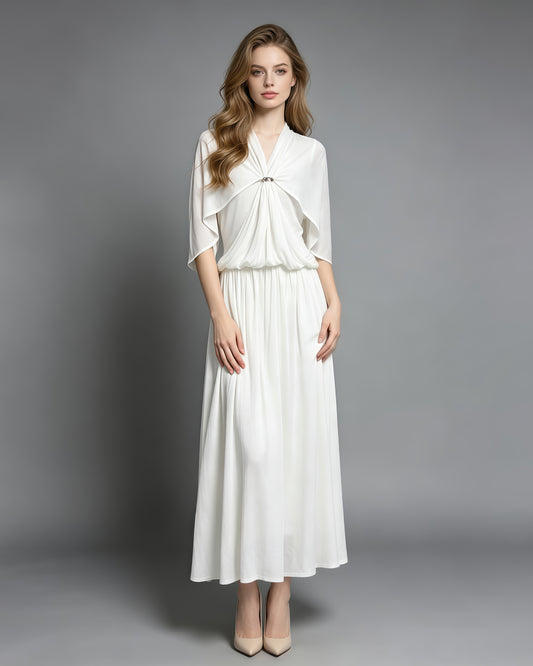 White Stand Collar Metal Buckle Ruched Tunic Maxi Dress