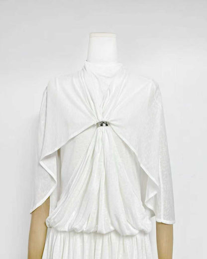 White Stand Collar Metal Buckle Ruched Tunic Maxi Dress