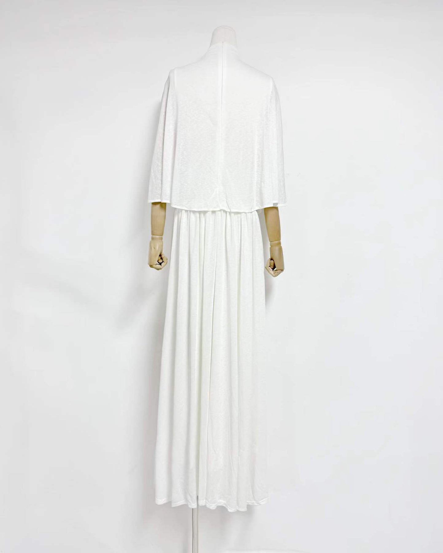 White Stand Collar Metal Buckle Ruched Tunic Maxi Dress