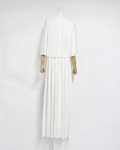 White Stand Collar Metal Buckle Ruched Tunic Maxi Dress