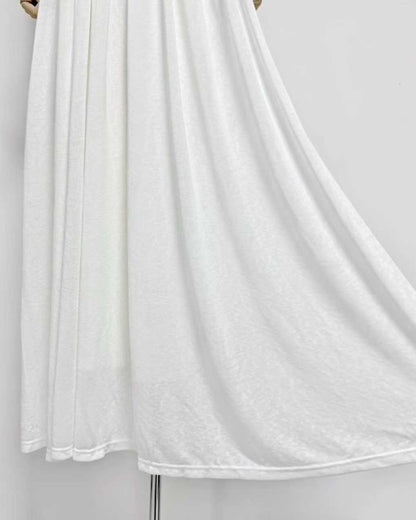 White Stand Collar Metal Buckle Ruched Tunic Maxi Dress