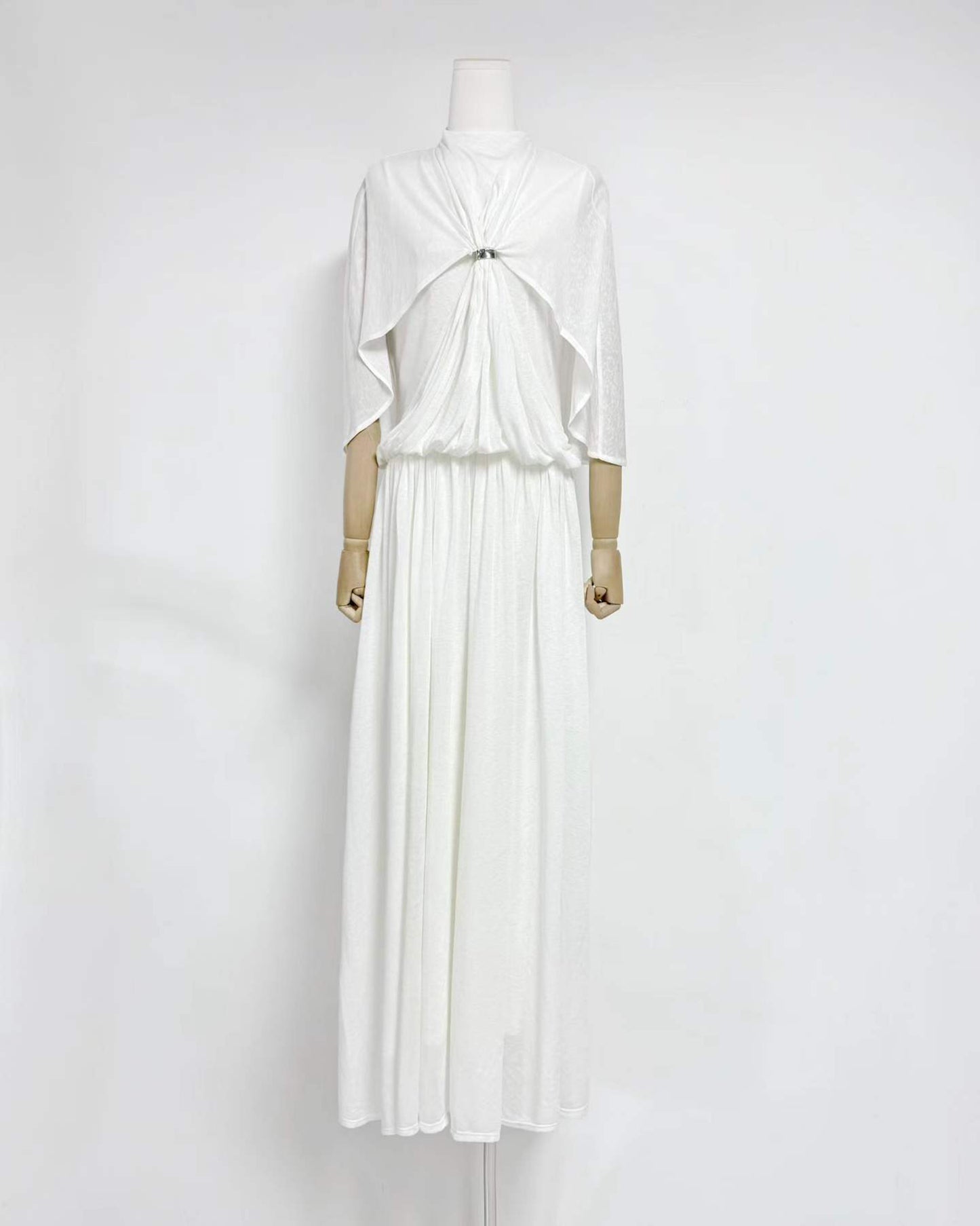 White Stand Collar Metal Buckle Ruched Tunic Maxi Dress