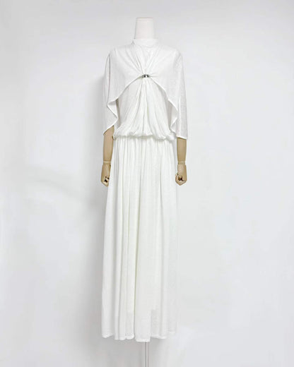 White Stand Collar Metal Buckle Ruched Tunic Maxi Dress
