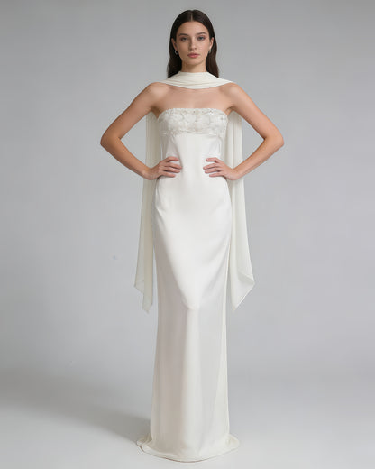 White Strapless Beaded Cape Satin Maxi Dress