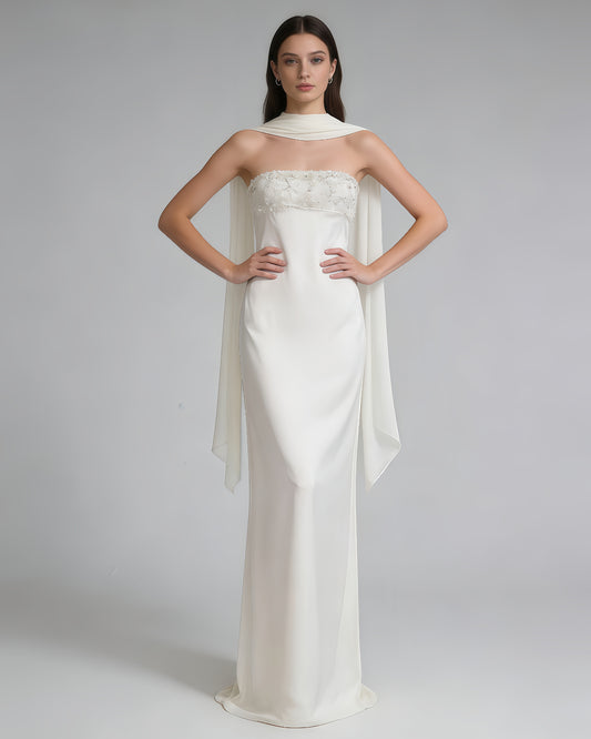 White Strapless Beaded Cape Satin Maxi Dress