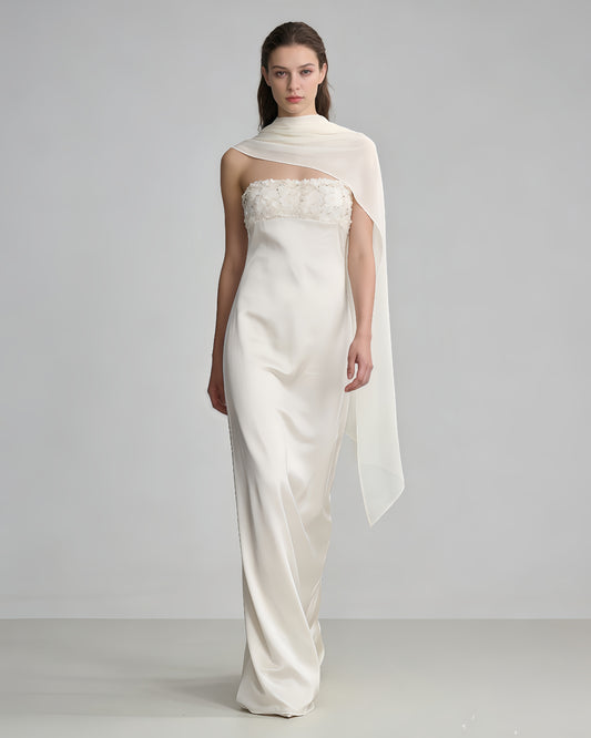 White Strapless Beaded Cape Satin Maxi Dress
