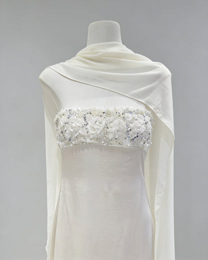 White Strapless Beaded Cape Satin Maxi Dress