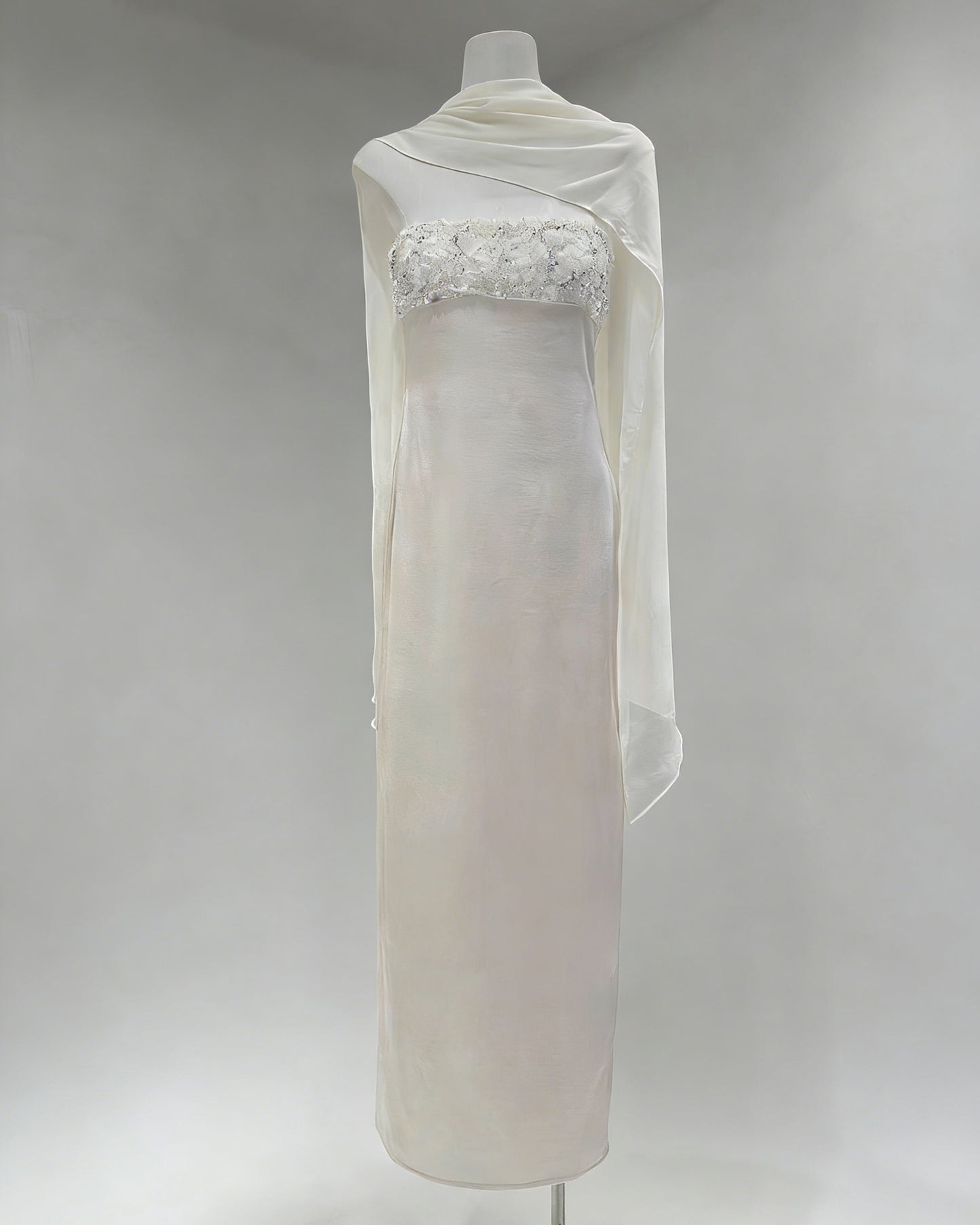 White Strapless Beaded Cape Satin Maxi Dress