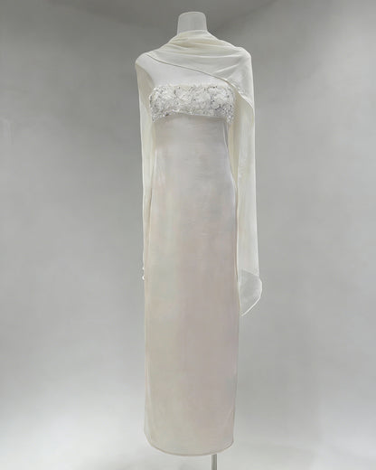 White Strapless Beaded Cape Satin Maxi Dress