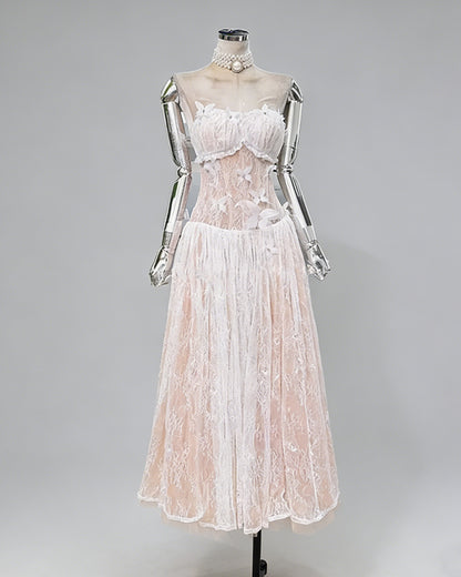White Strapless Butterfly Lace Midi Dress