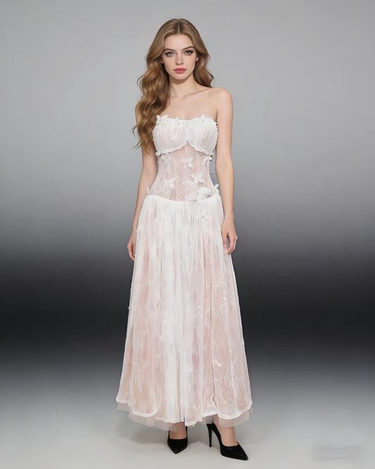 White Strapless Butterfly Lace Midi Dress