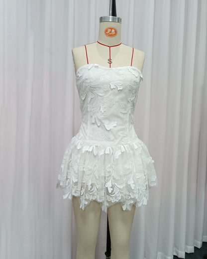 White Strapless Lace-Embroidered Mini Dress