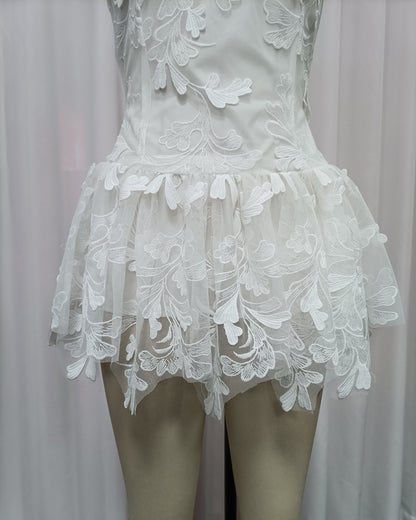 White Strapless Lace-Embroidered Mini Dress