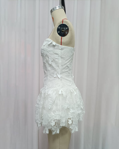 White Strapless Lace-Embroidered Mini Dress
