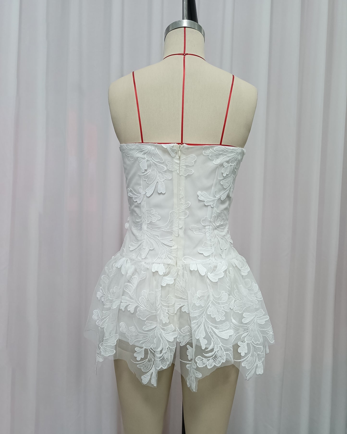 White Strapless Lace-Embroidered Mini Dress