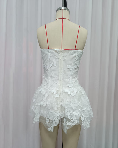 White Strapless Lace-Embroidered Mini Dress