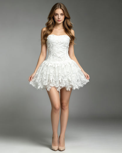 White Strapless Lace-Embroidered Mini Dress