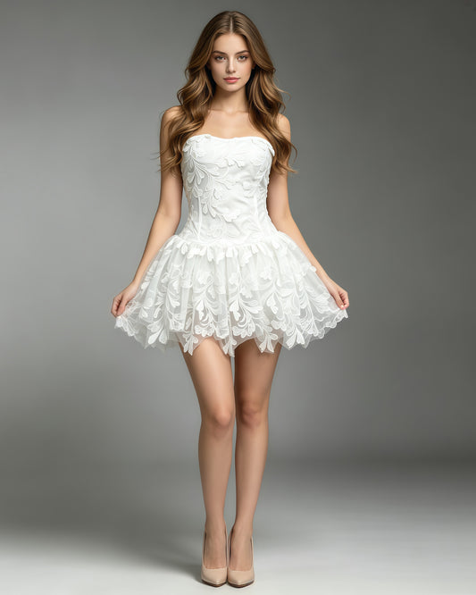 White Strapless Lace-Embroidered Mini Dress